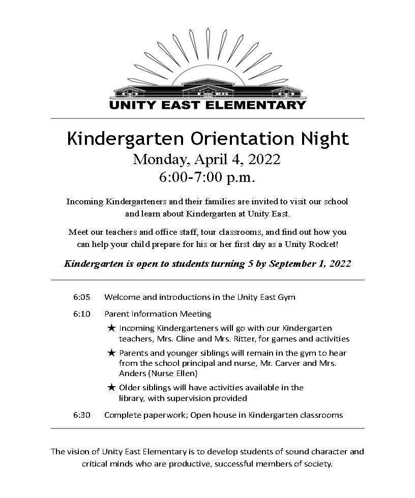 Unity East Kindergarten Orientation Night