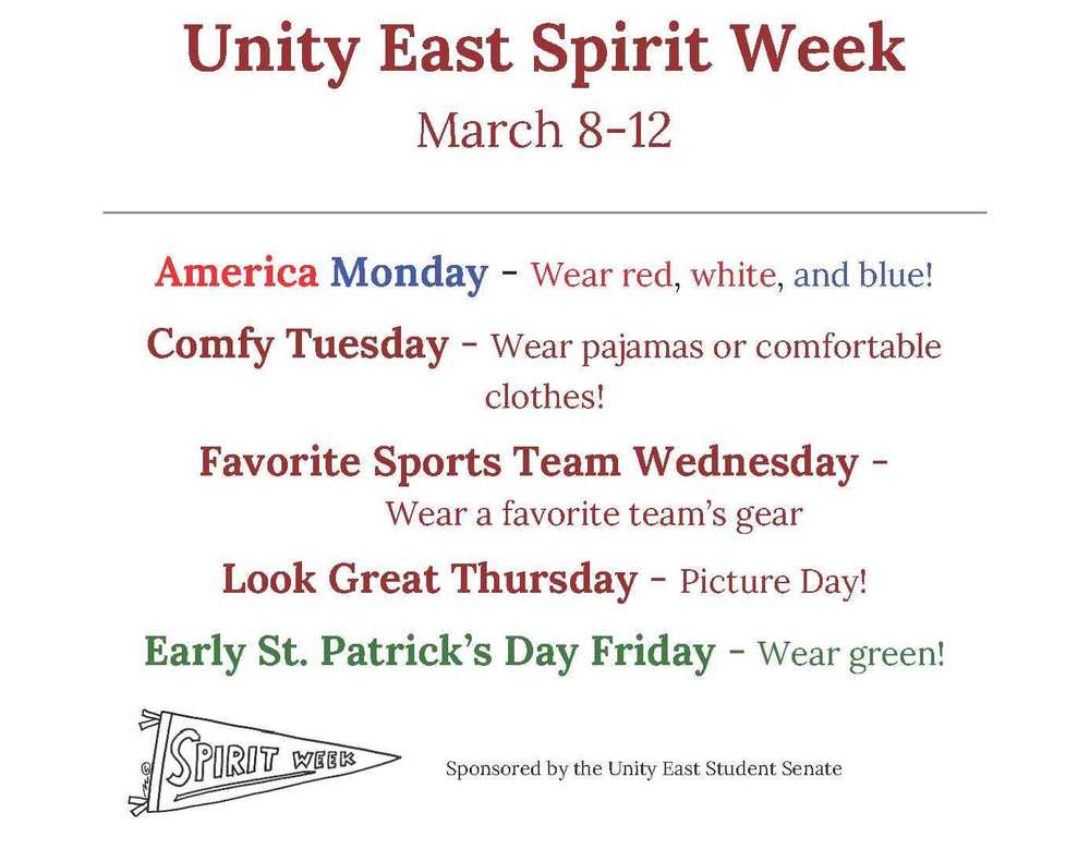 Unity East Spirit Week: March 8-12
