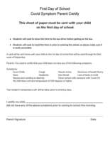 First Day of School: Parent Certification Paper